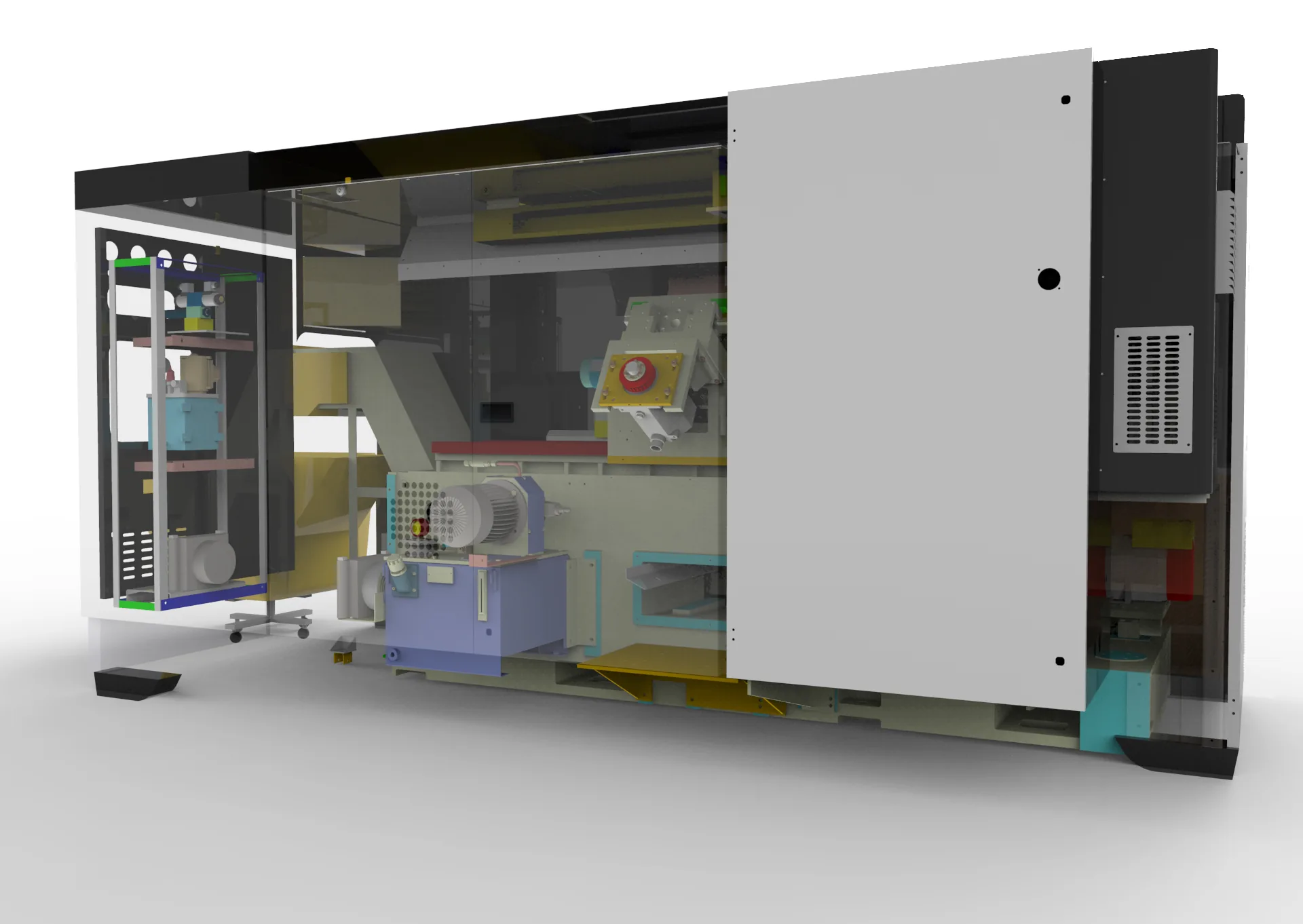 Transparent rear CAD render showing access panels, hydraulics, motor, and service zones.