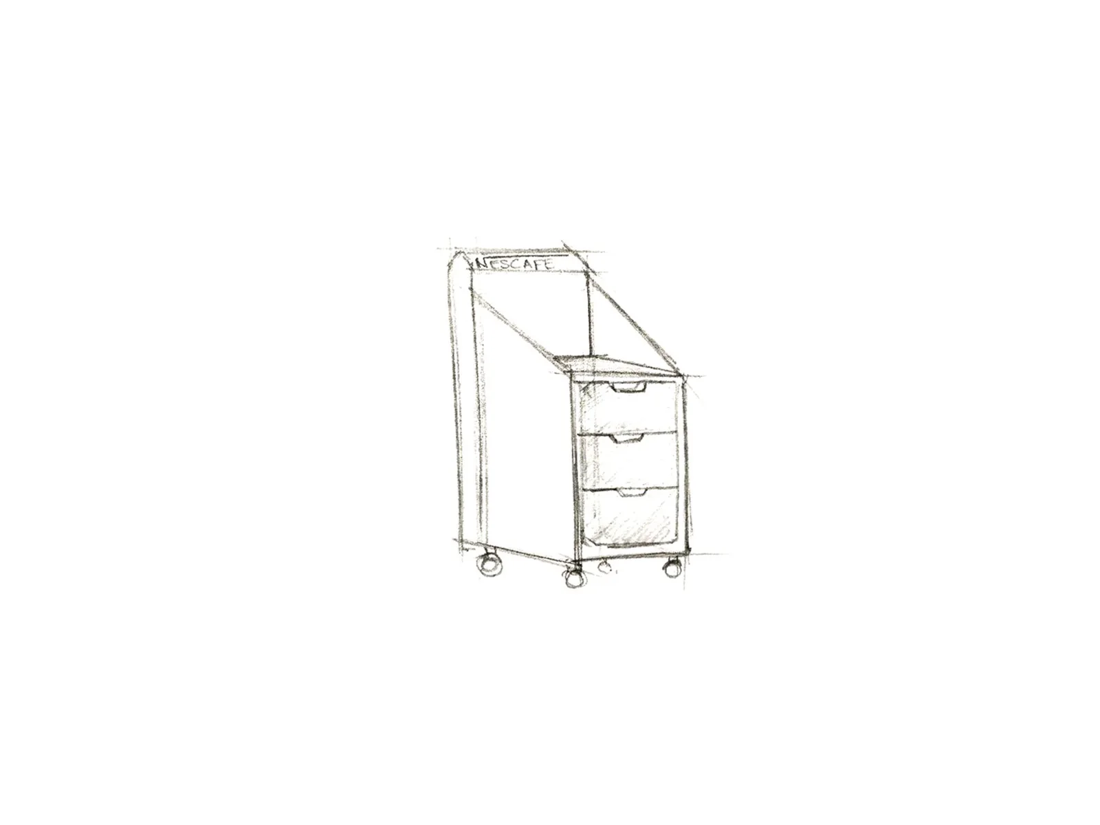 Hand-drawn sketch of a tall retail unit with a Nescafé header and stacked lower storage.