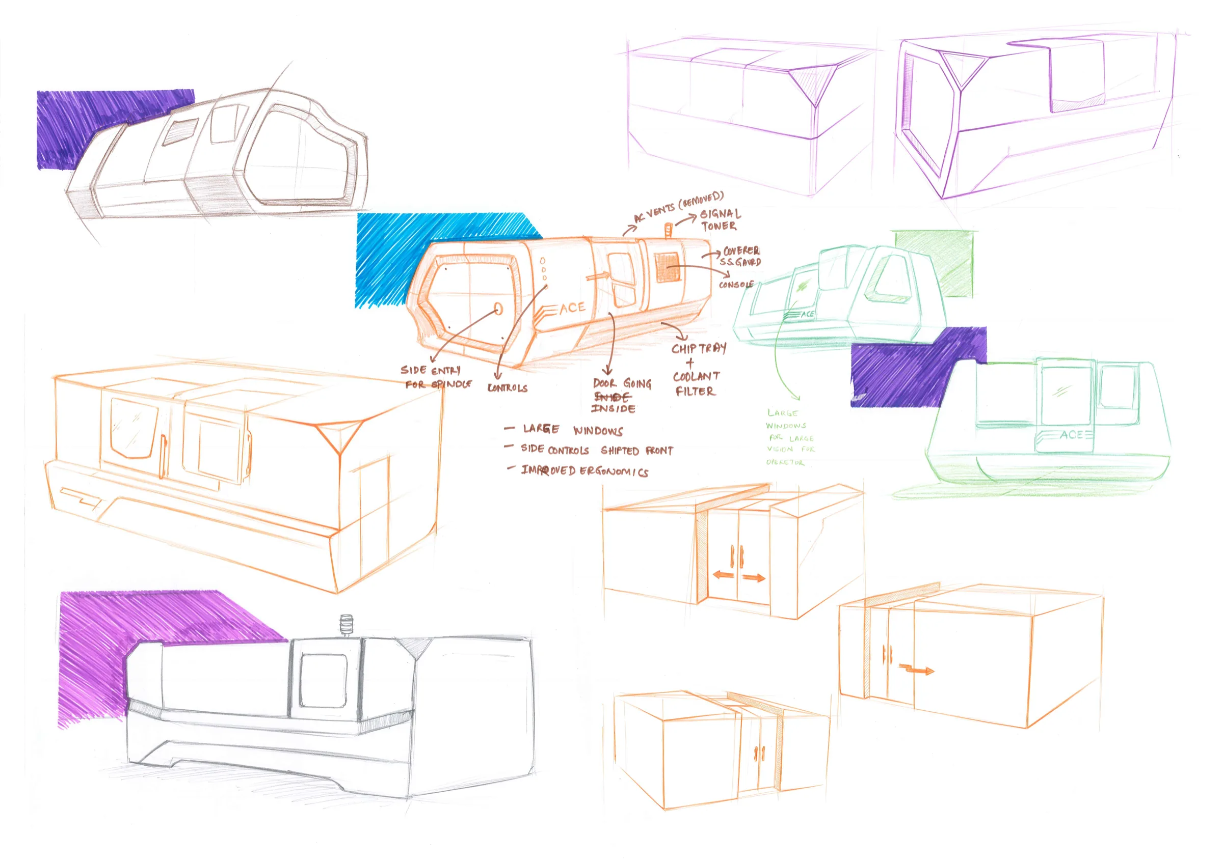 A broad sheet of coloured concept sketches exploring windows, doors, roof lines, controls, and enclosure proportions.