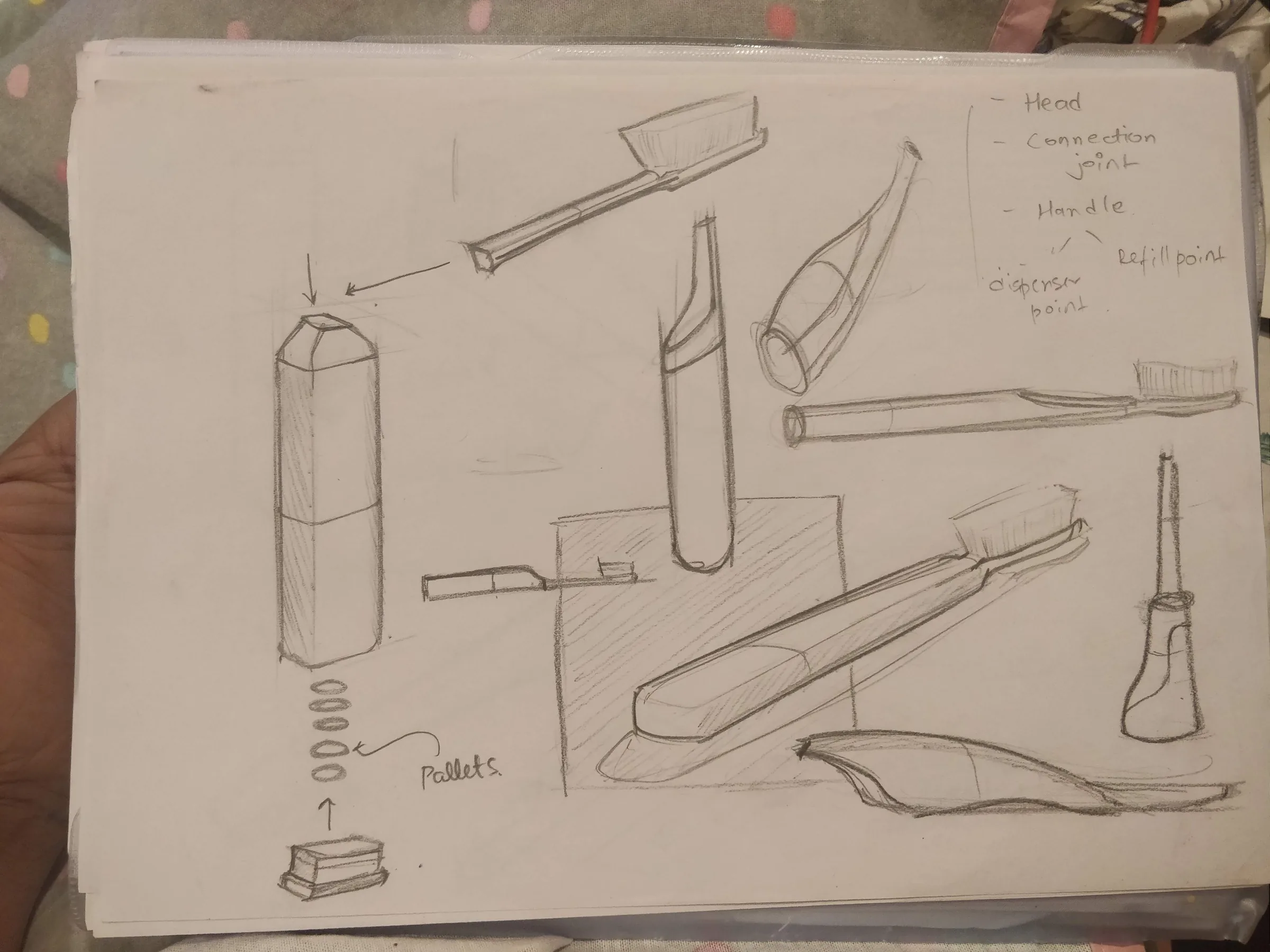 Sketchbook page exploring refill, brush-head, holder, and dispensing concepts.