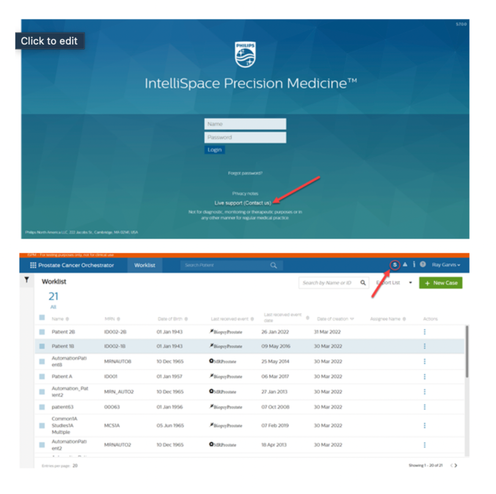 Early product-team reference showing support entry points on the login and application surfaces.