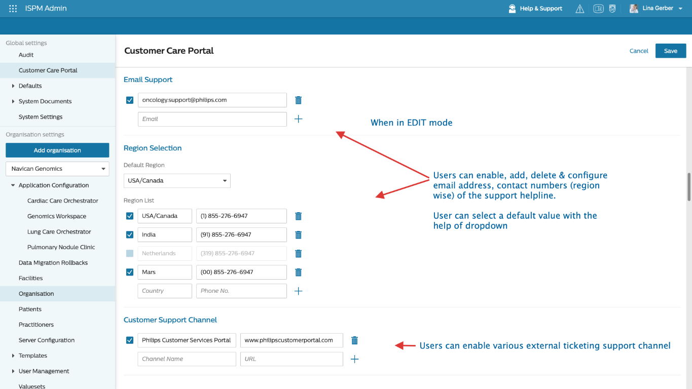 Administrator controls for email, regional phone, and external ticket-channel configuration.