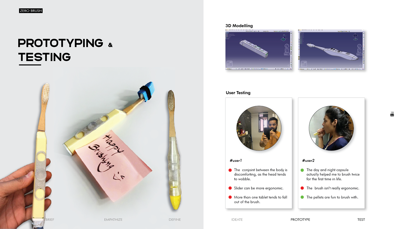 Project board showing physical prototypes, CAD views, two test participants, and recorded feedback.