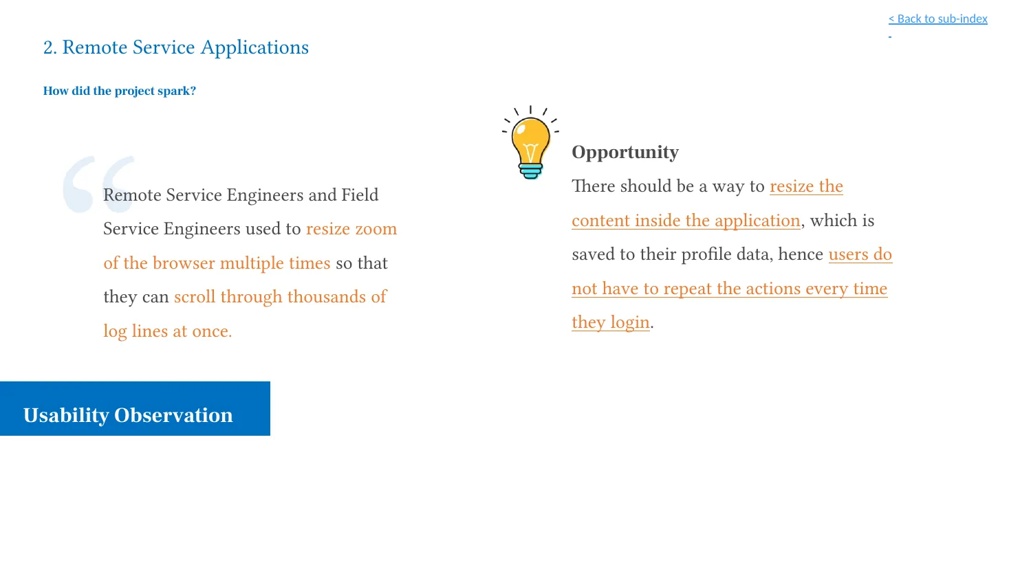 Deck visual describing the browser-zoom observation and the opportunity for an in-application text-size option.