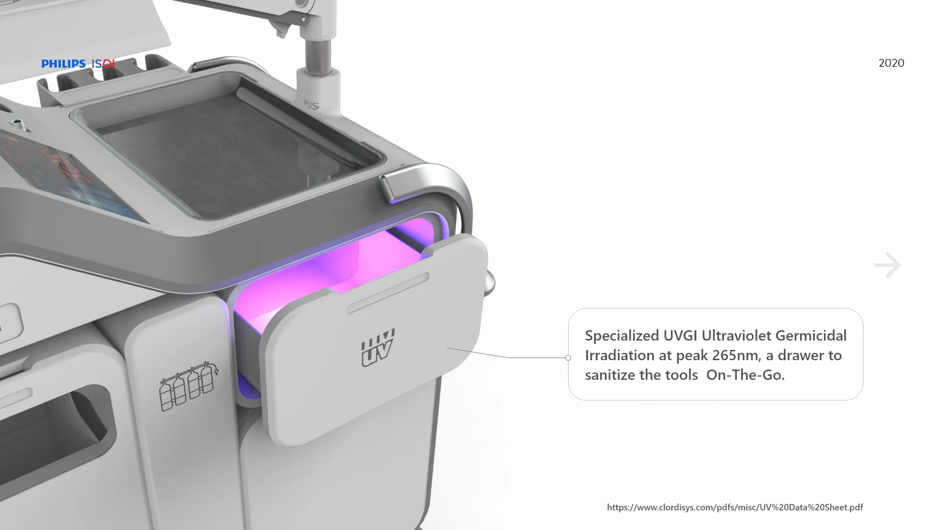 Open UVGI drawer with violet illumination below the work surface.